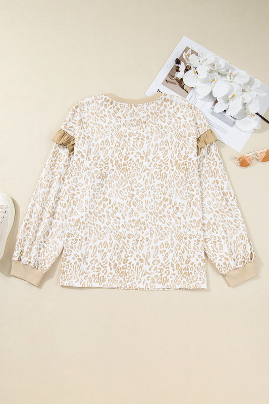 Khaki Plus Size Ruffled Arm Leopard Sweatshirt