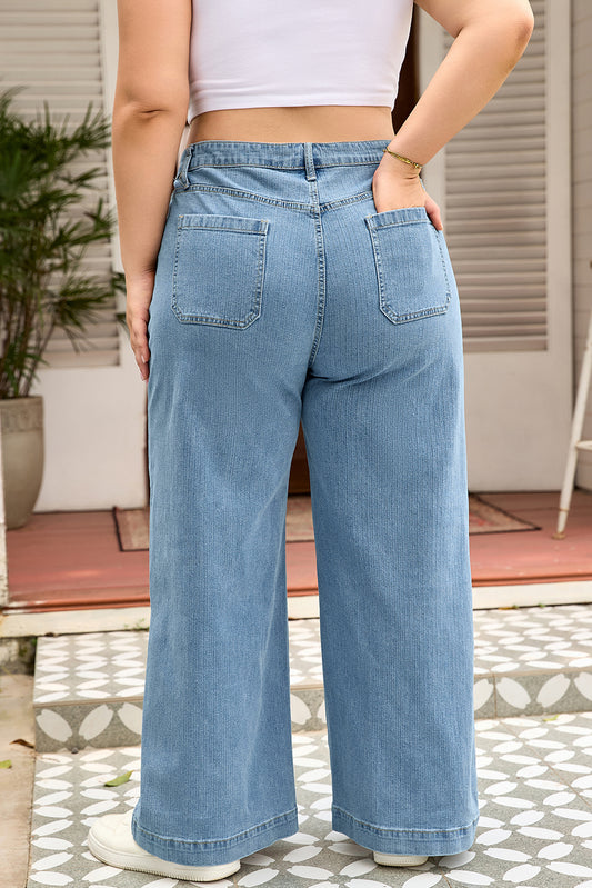 Dusk Blue Patched Pocket Textured Wide Leg Plus Size Jeans
