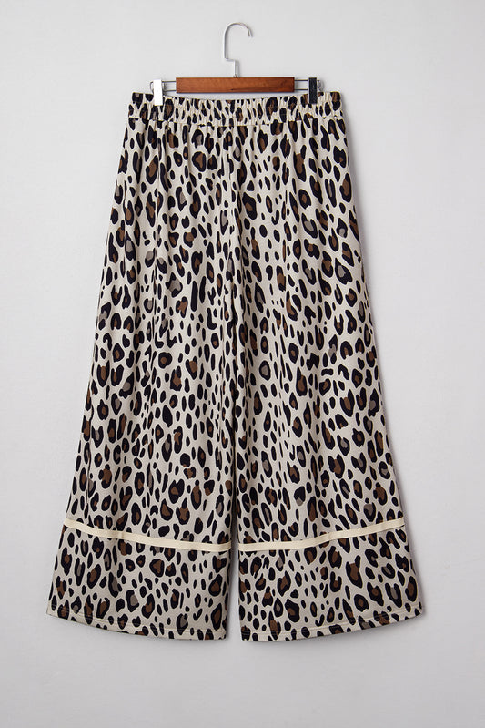 Khaki Exposed Seam Patched Pocket Plus Size Drawstring Leopard Wide Leg Pants