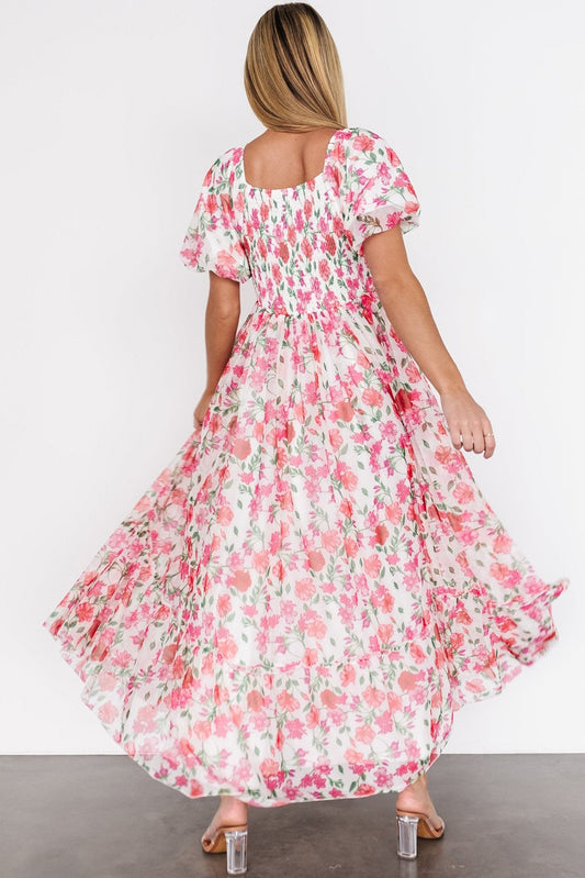 Curvy Pink Floral Square Neck Puff Sleeve Ruffle Maxi Dress