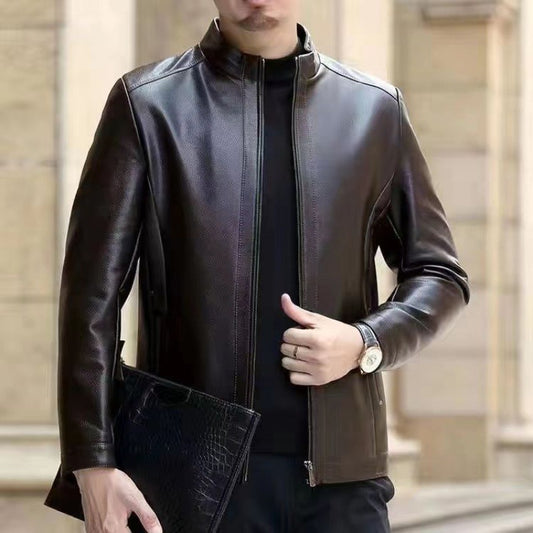 Men's Leather Jacket With Stand Collar Fleece-Lined