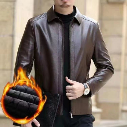 Men's Leather Jacket With Stand Collar Fleece-Lined