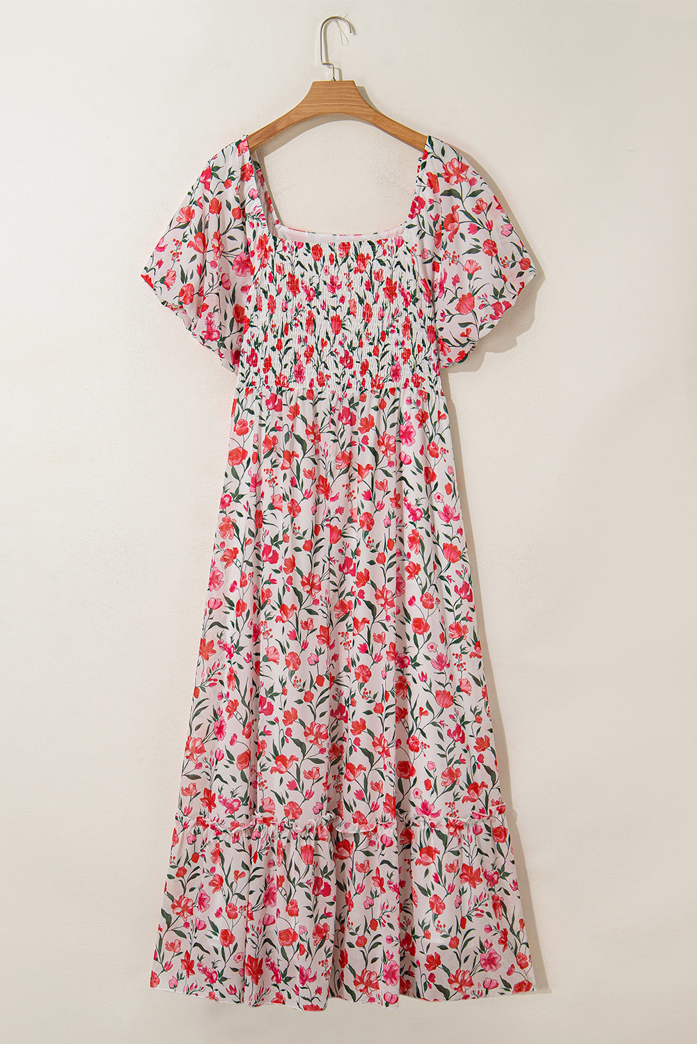 Curvy Pink Floral Square Neck Puff Sleeve Ruffle Maxi Dress
