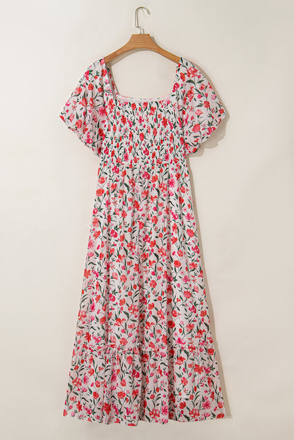 Curvy Pink Floral Square Neck Puff Sleeve Ruffle Maxi Dress