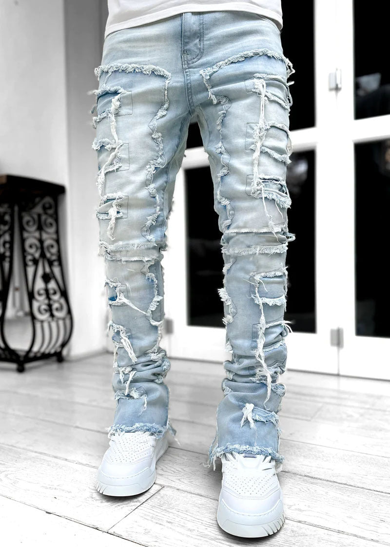 Patched Tight Fit Stacked Jeans