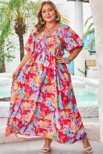 Curvy Rose Abstract Printed Puff Sleeve Square Neck Smocked Bust Tied Back Dress