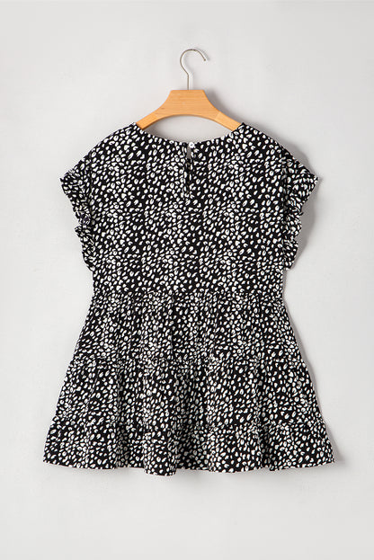 Black Leopard Print Ruffled Short Sleeve Keyhole Back Tiered Flowy Plus Size Blouse