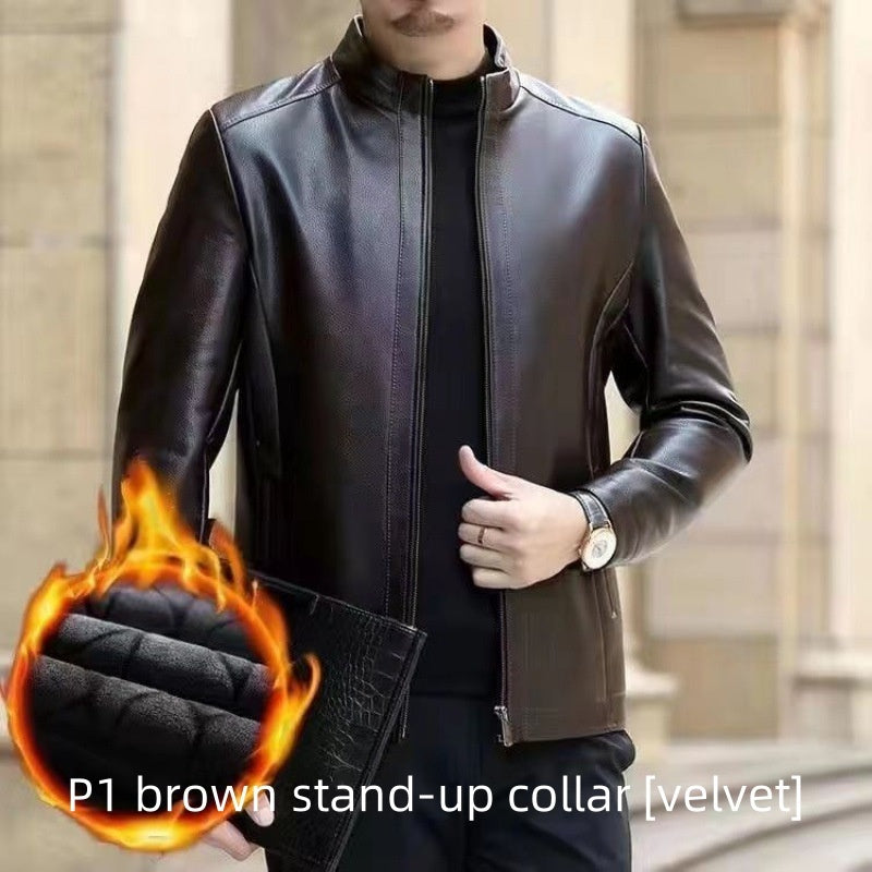 Men's Leather Jacket With Stand Collar Fleece-Lined