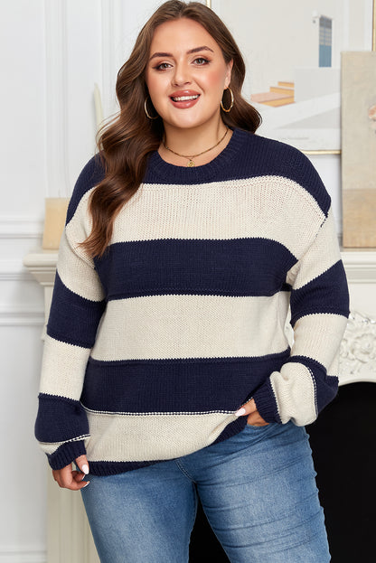 Khaki Stripe Color Block PLus Size Drop Shoulder Sweater