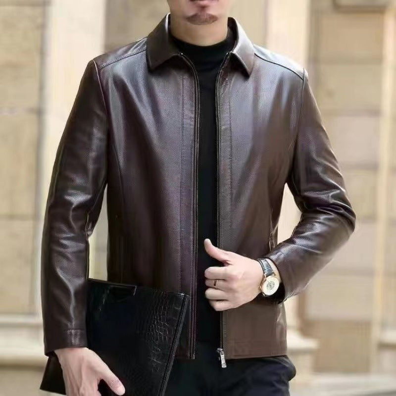 Men's Leather Jacket With Stand Collar Fleece-Lined