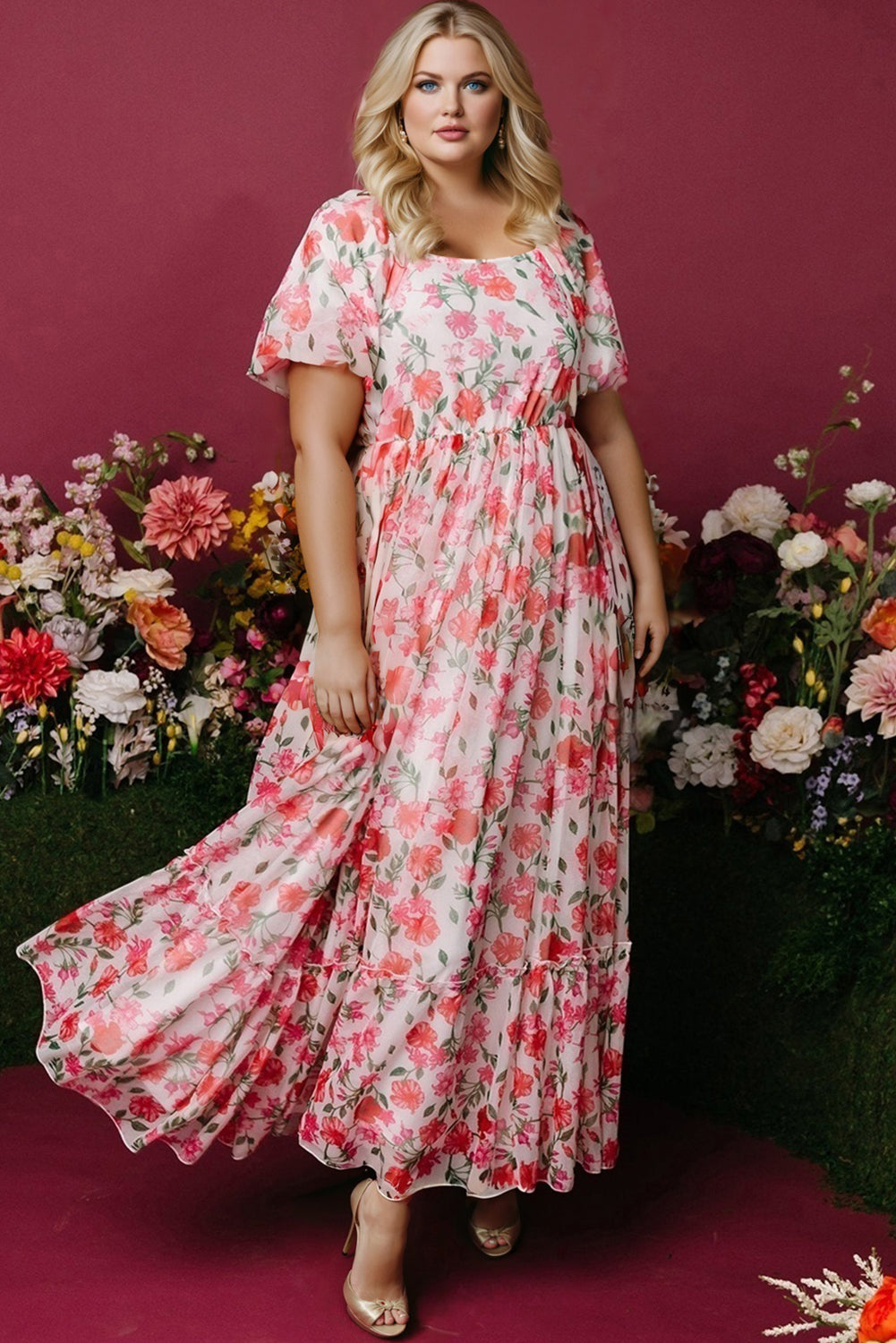 Curvy Pink Floral Square Neck Puff Sleeve Ruffle Maxi Dress