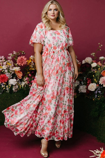 Curvy Pink Floral Square Neck Puff Sleeve Ruffle Maxi Dress