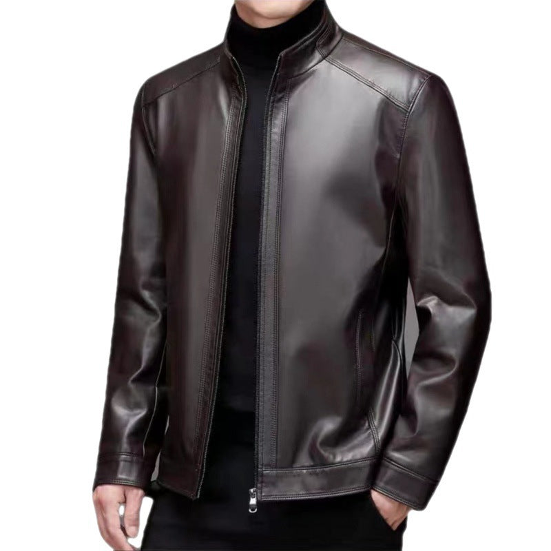 Men's Leather Jacket With Stand Collar Fleece-Lined