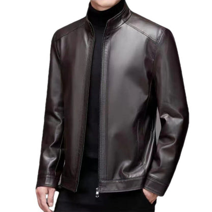Men's Leather Jacket With Stand Collar Fleece-Lined