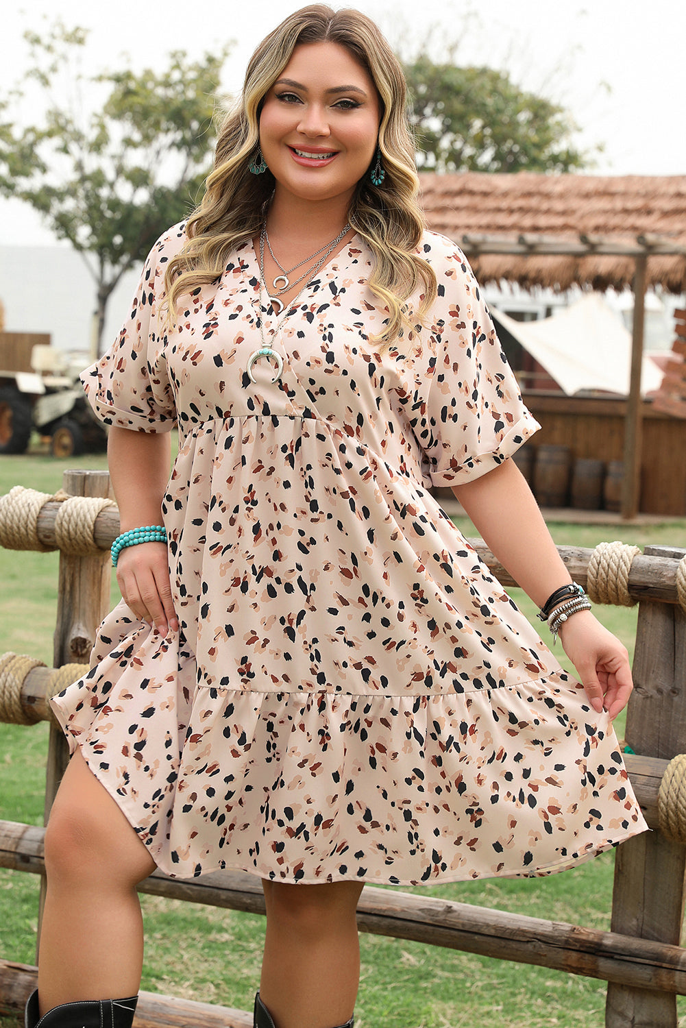 Beige Printed Surplice V Neck Cuffed Sleeve Empire Waist Curvy Dress