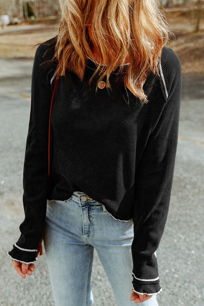 Brown Textured Round Neck Long Sleeve Top