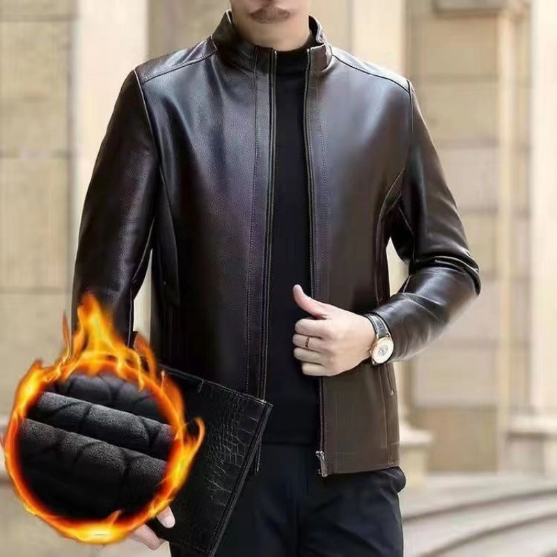Men's Leather Jacket With Stand Collar Fleece-Lined