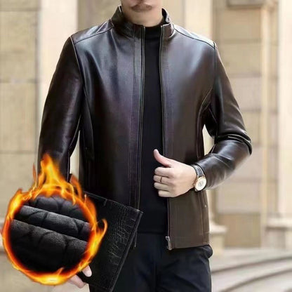 Men's Leather Jacket With Stand Collar Fleece-Lined