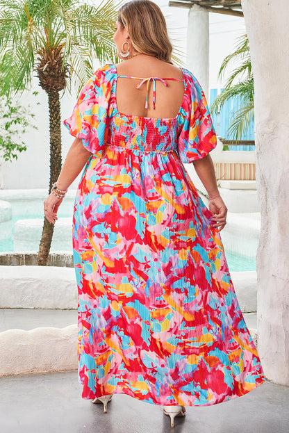 Curvy Rose Abstract Printed Puff Sleeve Square Neck Smocked Bust Tied Back Dress