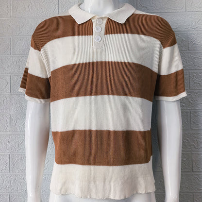 Lapel Sweater Short Sleeve with Stripes