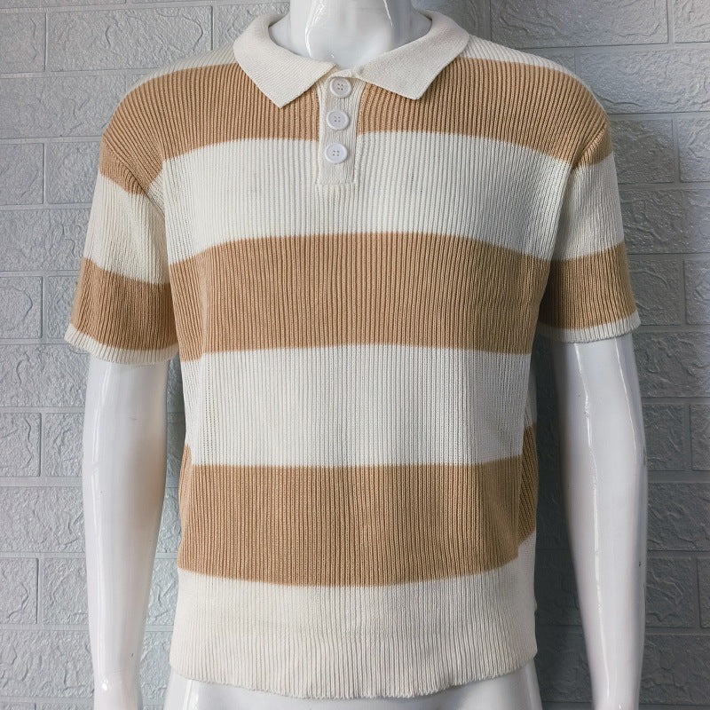 Lapel Sweater Short Sleeve with Stripes