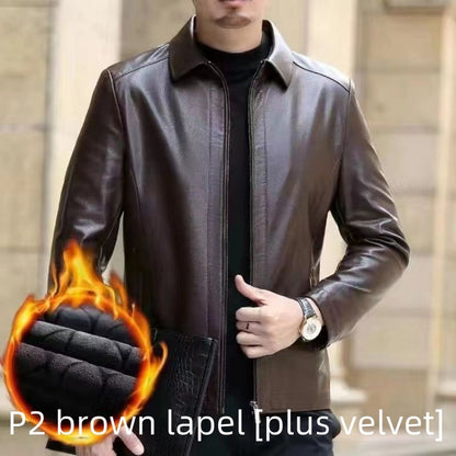 Men's Leather Jacket With Stand Collar Fleece-Lined