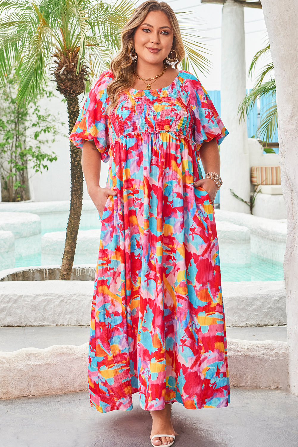 Curvy Rose Abstract Printed Puff Sleeve Square Neck Smocked Bust Tied Back Dress
