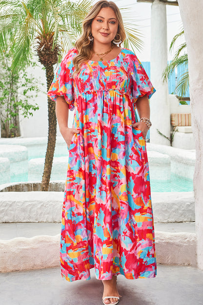 Curvy Rose Abstract Printed Puff Sleeve Square Neck Smocked Bust Tied Back Dress