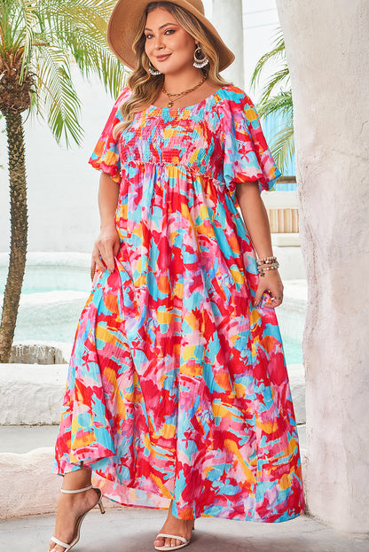 Curvy Rose Abstract Printed Puff Sleeve Square Neck Smocked Bust Tied Back Dress
