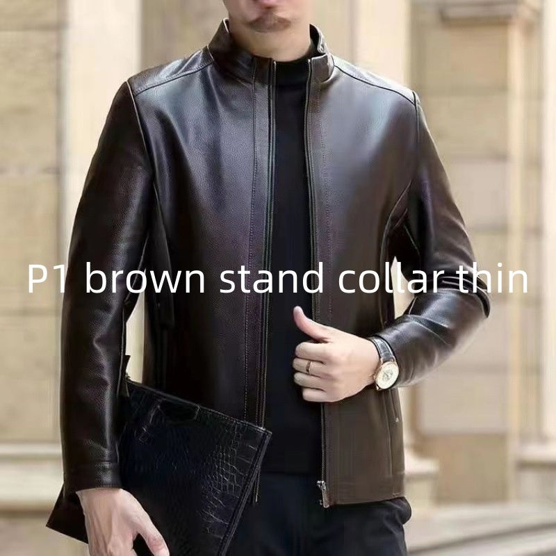 Men's Leather Jacket With Stand Collar Fleece-Lined