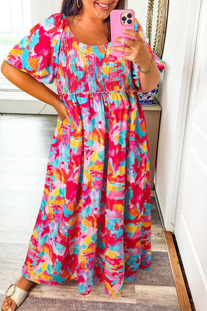 Curvy Rose Abstract Printed Puff Sleeve Square Neck Smocked Bust Tied Back Dress