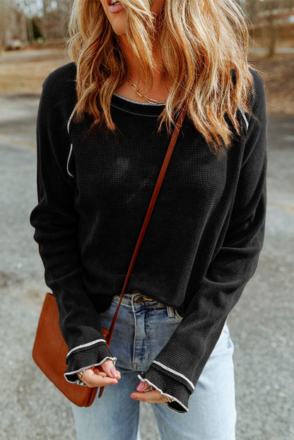Brown Textured Round Neck Long Sleeve Top