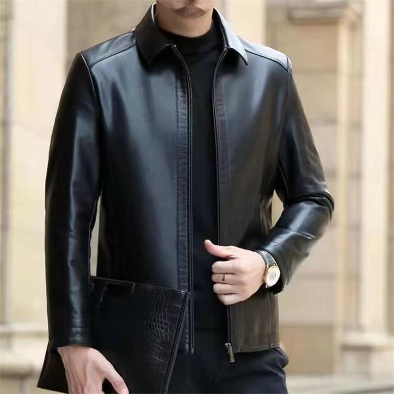 Men's Leather Jacket With Stand Collar Fleece-Lined