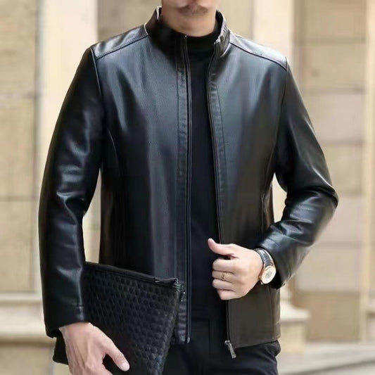 Men's Leather Jacket With Stand Collar Fleece-Lined
