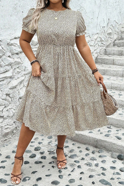 Brown Plus Size Leopard Print Frill Trim Short Sleeve Flared Dress