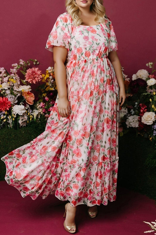 Curvy Pink Floral Square Neck Puff Sleeve Ruffle Maxi Dress