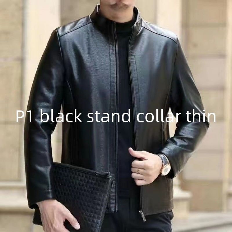 Men's Leather Jacket With Stand Collar Fleece-Lined