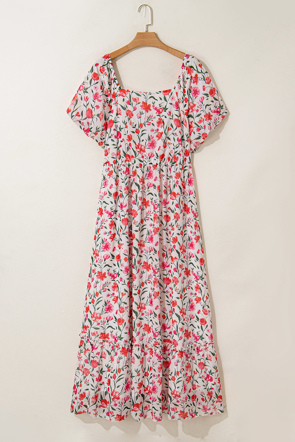 Curvy Pink Floral Square Neck Puff Sleeve Ruffle Maxi Dress