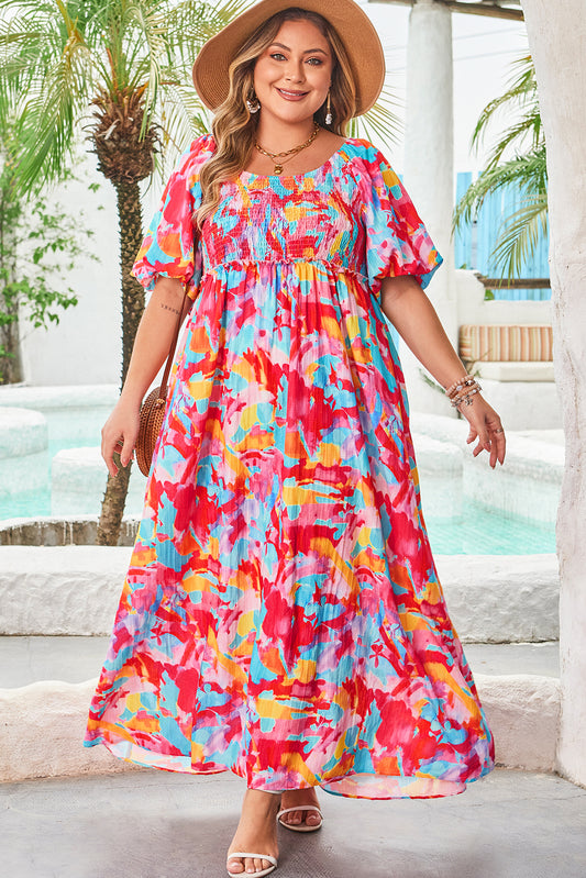 Curvy Rose Abstract Printed Puff Sleeve Square Neck Smocked Bust Tied Back Dress