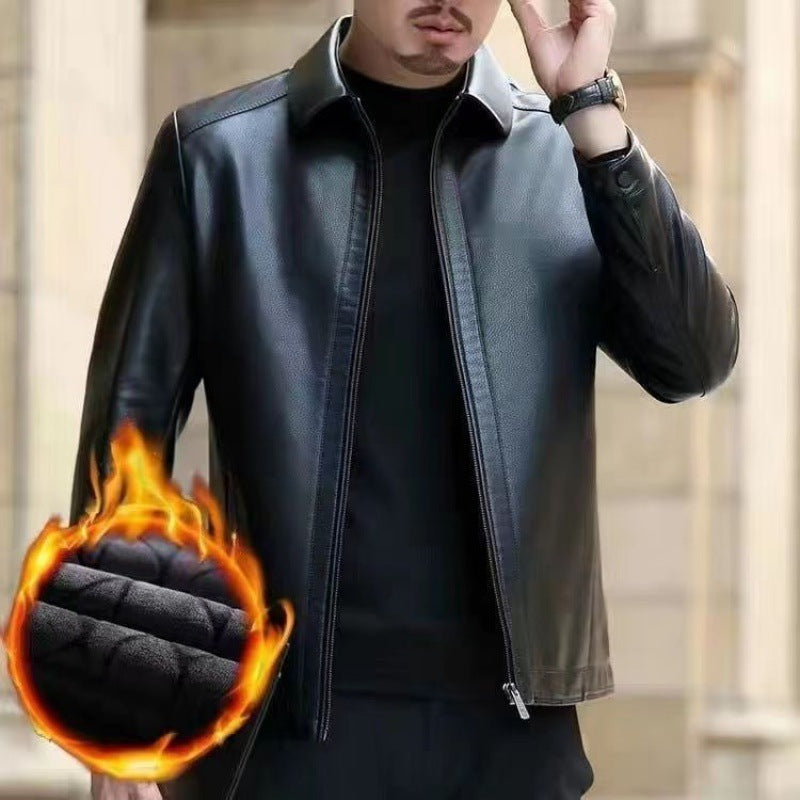 Men's Leather Jacket With Stand Collar Fleece-Lined
