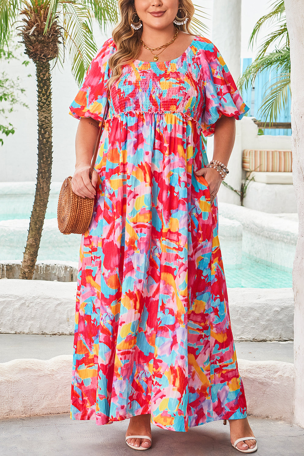 Curvy Rose Abstract Printed Puff Sleeve Square Neck Smocked Bust Tied Back Dress