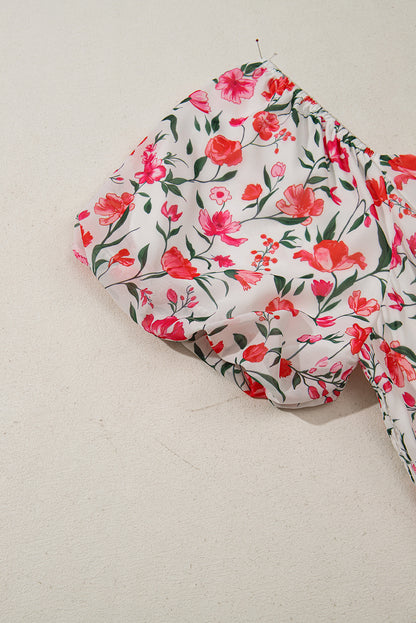 Curvy Pink Floral Square Neck Puff Sleeve Ruffle Maxi Dress